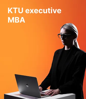 A KTU School of Economics and Business student working on a laptop against an orange decorative background. The faculty offers KTU MBA studies for executives. Choose KTU MBA.