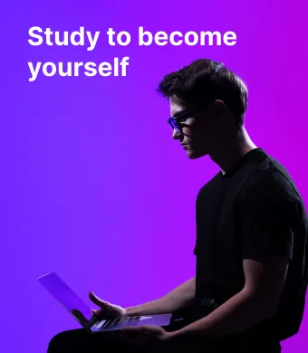 A student of the School of Economics and Business works on a laptop against a purple and pink decorative background. On the left, the slogan “Study for yourself” invites to choose studies at KTU School of Economics and Business.