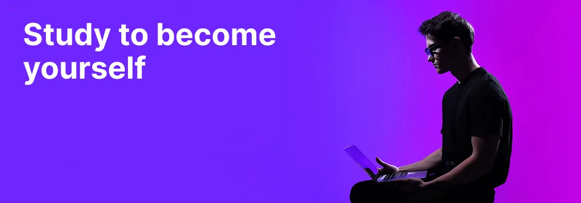 A student of the School of Economics and Business works on a laptop against a purple and pink decorative background. On the left, the slogan “Study for yourself” invites to choose studies at KTU School of Economics and Business.