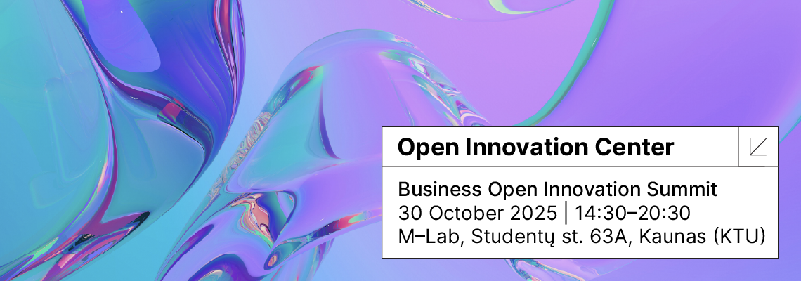 Abstract, fluid-like digital artwork in blue, purple, and teal hues serves as the background for a white event box. The text announces the “Business Open Innovation Summit” hosted by the Open Innovation Center on 30 October 2025, from 14:30 to 20:30, at M-Lab, Studentų st. 63A, Kaunas (KTU).